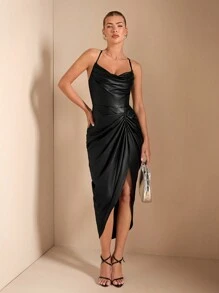 SHEIN BAE 女士优雅垂坠领口不对称荷叶边天鹅绒连衣裙，适合日常约会、郊游、夜总会、派对和庆祝活动