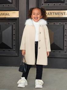 SHEIN 女童宽松休闲连帽外套，带毛绒拼接 - 卡其色 - 查看 4