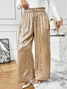 SHEIN CURVE+ Plus Size Solid Color Paperbag Waist Tied Pants, Elegant For Commuting For New Year Holiday Party Clothes - Gold - View 4