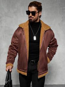 Manfinity Homme Men's Plain Long Sleeve Zip-Up Fleece Casual Jacket, Autumn/Winter, Old Money Style - Brown - View 1