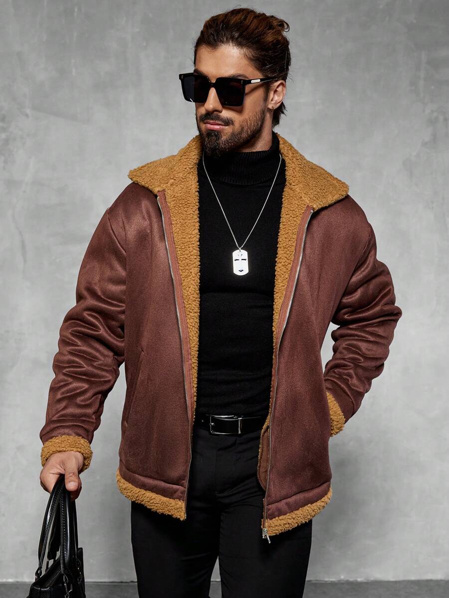 Manfinity Homme Men's Plain Long Sleeve Zip-Up Fleece Casual Jacket, Autumn/Winter, Old Money Style - Brown - View 1