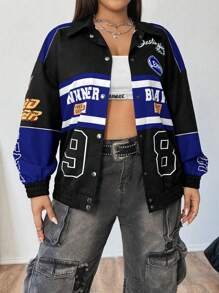 Flirla Chaqueta casual de manga larga con botones frontales, bloques de color y estampado de letras, de talla grande