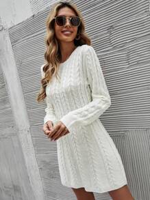 SHEIN LUNE Women's Solid Color Round Neck Long Sleeve Minimalist Short Knitted Casual Dress - White - View 6