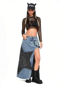 ROMWE Grunge Punk Falda vaquera larga y estrecha para mujer con un corte alto y una aplicación en espiral de estrella con estilo grunge y misterioso