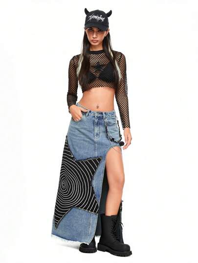 Grunge Punk Grunge Style Mysterious Spiral Star Applique Slim Fit High Slit Women Long Denim Skirt