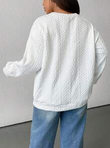 SHEIN EZwear Plus Size Women Casual Solid Color Textured Dropped Shoulder Loose Pullover Sweatshirt, Spring/Autumn - White - View 2
