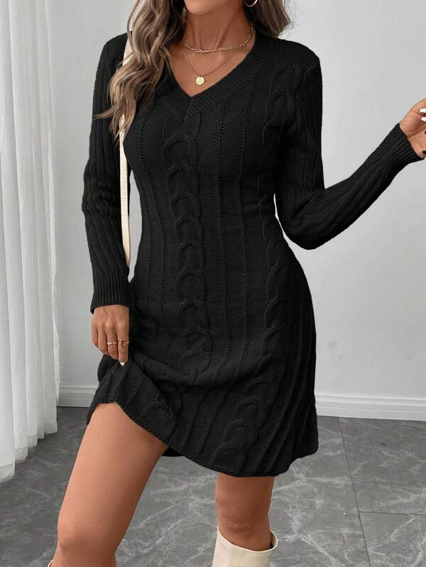 EMERY ROSE V-Neck Cinched Waist A-Line Sweater Dress, Floral Texture, Casual & Business Elegant, Warm For Autumn/Winter