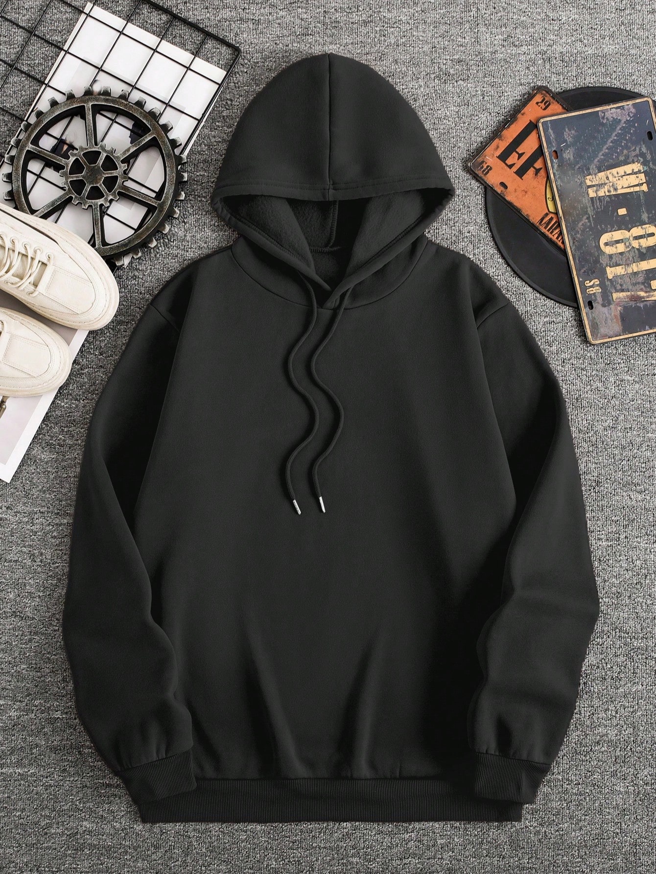 Manfinity Dauomo Men Plus Size Casual Solid Color Drawstring Hoodie Sweatshirt, Autumn