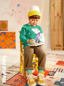 SHEIN 年轻男孩动物图案细节简约圆领长袖休闲毛衣 - 綠色 - 查看 17