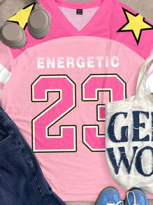 SHEIN EZwear Casual Street Style Pink Colorblock Big Number Print V-Neck Oversized Short Sleeve T-Shirt For Women, Summer