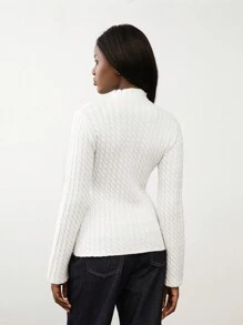 Flirla 1pc Women Stand Collar Textured Split Hem Fitted Long Sleeve Knit Sweater, Casual Autumn/Winter