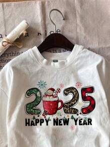SHEIN EZwear Casual Christmas 2025 New Year Graphic Round Neck Short Sleeve Fitted Women T-Shirt, 34% Cotton, Summer