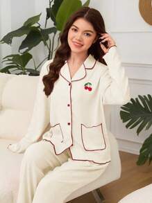 SHEIN طقم بيجامتين من بنطلون طويل مطرز بالكرز الوردي وكارديجان طويل الأكمام، مجموعة ملابس نوم للبنات المراهقات، ملابس منزلية عصرية - لون مشمشي - مشاهدة 1