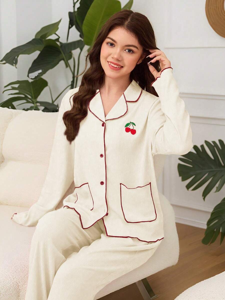 SHEIN طقم بيجامتين من بنطلون طويل مطرز بالكرز الوردي وكارديجان طويل الأكمام، مجموعة ملابس نوم للبنات المراهقات، ملابس منزلية عصرية - لون مشمشي - مشاهدة 1