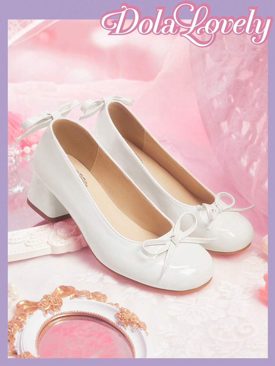 Dola Lovely Round Toe Low Vamp Bow Detail Back Strap Thick Heel Ladies High Heel Shoes For And Vibe And Spring Shoes Spring Break Easter