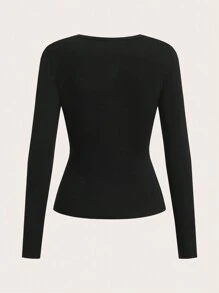 SHEIN EZwear Women's Solid Color Front Button Long Sleeve Minimalist T-Shirt, Casual Everyday Wear - Black - View 4