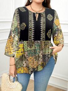 大码全印花系带领长袖休闲度假衬衫荷叶边上衣 - 彩色 - 查看 6