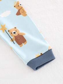 Cozy Pixies 2 件装男婴卡通熊图案条纹柔软针织圆领长袖上衣和裤子贴身睡衣套装