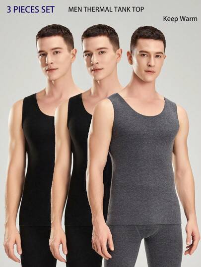 3pcs Men's Solid Color Crew Neck Fitted Thermal Sleeveless Vest, Versatile For Autumn/Winter