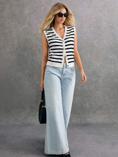 Poéselle Áo len cardigan không tay họa tiết sọc thường ngày cho nữ Trang phục mùa đông cho nữ Áo len cardigan sọc nữ dễ dàng sang trọng thiết yếu