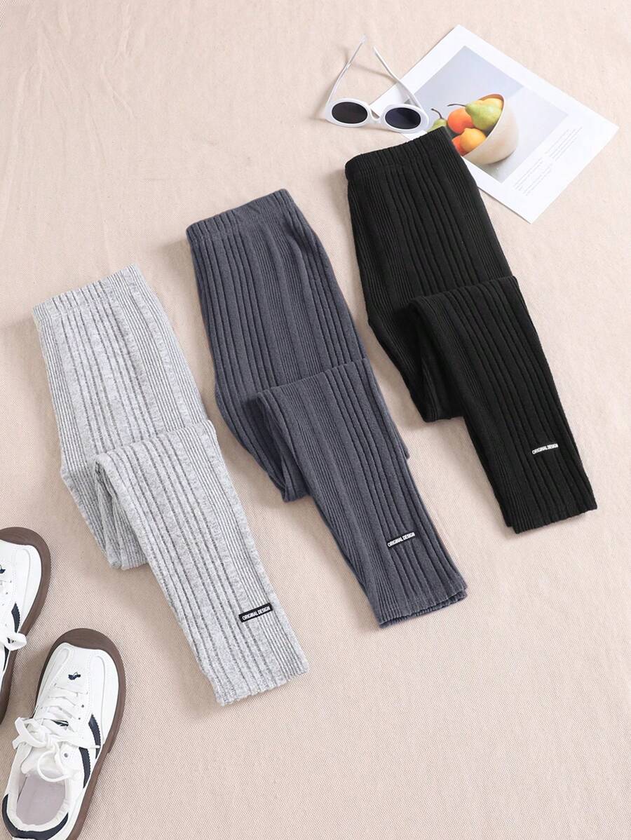 SHEIN Set 3 Potong Legging Rajut Kasual Dasar Warna Polos dengan Hem Bergaris untuk Anak Perempuan Remaja - Grey - View 1