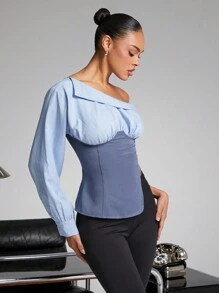 SHEIN Unity Quần áo mùa thu cho phụ nữ, Áo hở vai màu xanh da trời và xanh navy không đối xứng có chi tiết sọc. Dành cho sự kiện buổi tối, trang phục công sở, trang phục công sở thường ngày, trang phục trang trọng cho phụ nữ, đi chơi, trang phục hàng ngày, trang phục công sở thường ngày cho phụ nữ, trang phục công sở cho phụ nữ - Nhiều màu - Xem 3