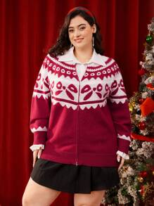 SHEIN MOD Suéter cálido de talla grande con diseño de lazo rosa y motivo navideño dulce - Rojo y blanco - Ver 3