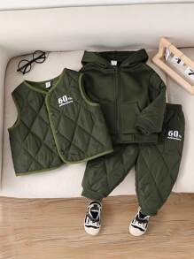 SHEIN 3pcs Baby Boy Army Green Winter Casual Vacation Set,Thickened Letter Embroidered Vest,Hooded Zipper Sports Jacket&Drawstring Pants,Playing In Snow - Dark Green - View 5