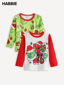 2pcs Set Baby Boy Christmas Devil Print Long Sleeve Top - Multicolor - View 3