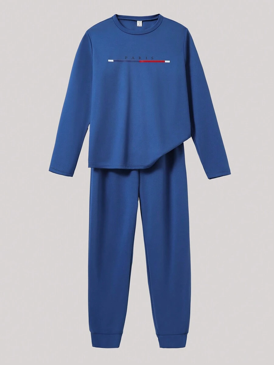 SHEIN 2pcs/Set Teenage Boy Basic Minimalist Casual Contrast Color Round Neck Long Sleeve Top And Tapered Pants