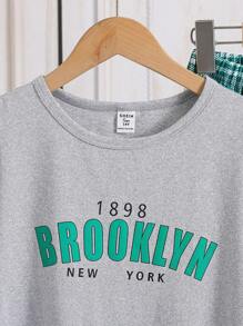 Teen Girl New Simple Letter Print Front Tee And Checkered Digital Print Pants Set, Home Outfit - Green - View 5