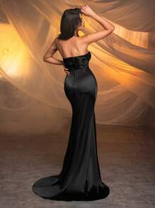 Glamrae Vestido de gala lujoso y sexy con diseño floral, satén brillante y elástico, plisado en espiga, vestido con abertura de cola de pez, ropa formal de noche, vestido de graduación, para invitados de boda, cena, fiesta