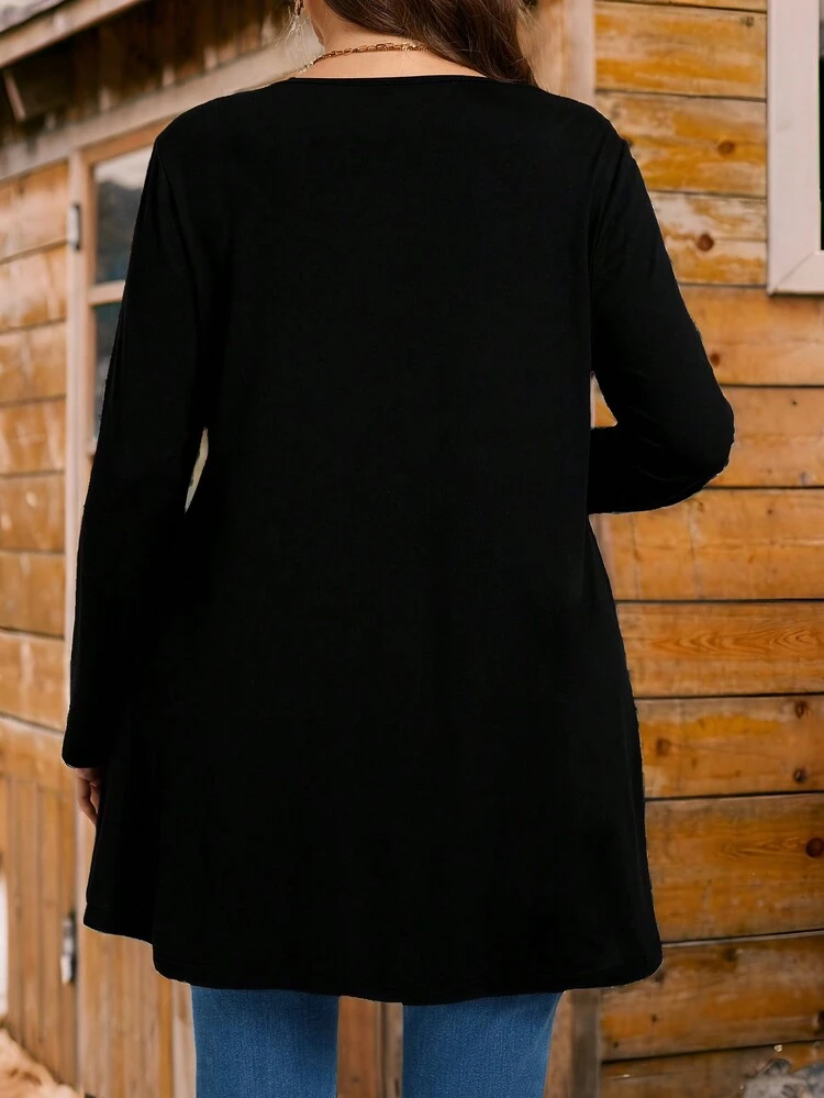 Plus Size Women's Halloween Long Sleeve Black Pumpkin Print T-Shirt Top, Fall Graphic Tee, Clothes