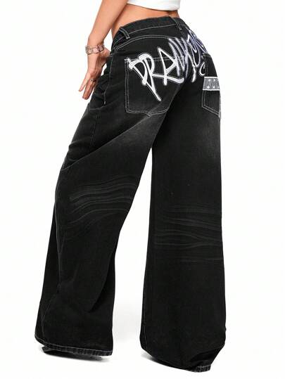 ROMWE Grunge Punk Jeans de cintura alta y pierna ancha con bordado de letras y cruces en estilo Y2K, con efecto desgastado y cintura súper baja para mujer