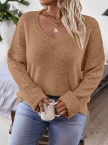 Calvaya 大码秋季时尚简约落肩宽松针织套头衫 - 駝色 - 查看 8