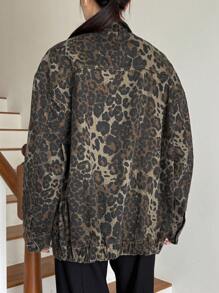 DAZY Women's Autumn Casual Leopard Print Zip-Up Loose Denim Jacket Cheetah Print