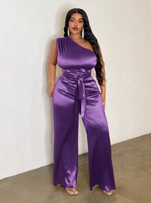 Slaydiva Bộ đồ liền thân dài ống thẳng, buộc vai bất đối xứng cỡ lớn, màu tím, mùa thu/đông - Màu tím - Xem 6
