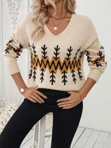 SHEIN LUNE Pull tricoté bohème à motif col en V décontracté pour femme, automne hiver