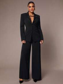 Silquee 女士优雅通勤系列秋季纯色黑色西装外套和简约宽裤套装，感恩节、圣诞节、除夕装