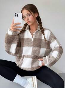 SHEIN Leap Crew Tween 女童休闲日常格子袋鼠口袋宽松拉链羊毛运动衫，秋冬款 - 彩色 - 查看 6