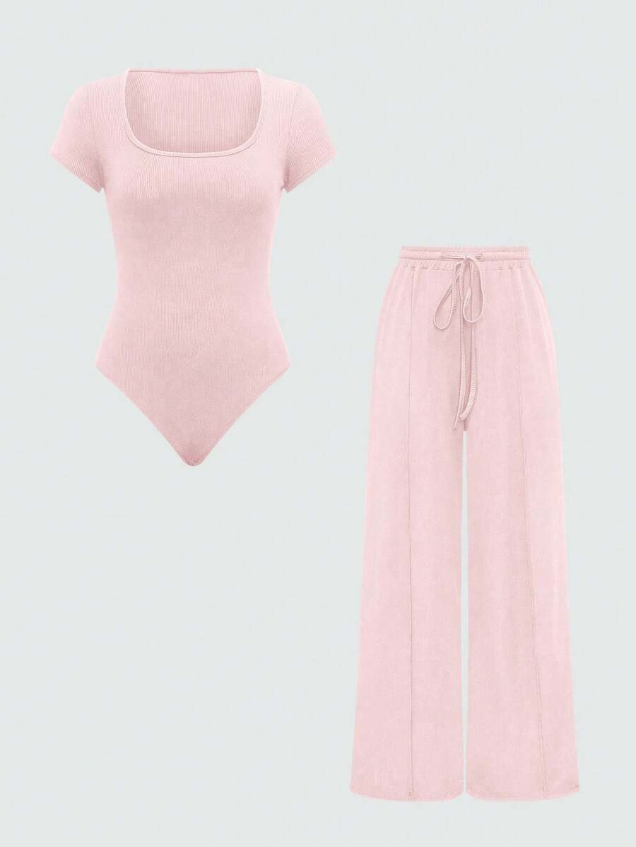 SHEIN Unity 2 件套女士休闲圆领短袖连体裤和前系带长裤套装 - 淺粉色 - 查看 1