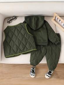 SHEIN 3pcs Baby Boy Army Green Winter Casual Vacation Set,Thickened Letter Embroidered Vest,Hooded Zipper Sports Jacket&Drawstring Pants,Playing In Snow - Dark Green - View 2