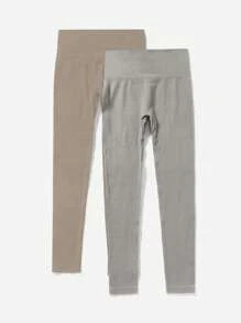 SHEIN Sports 女士纯色高腰日常健身破洞运动紧身裤两件套瑜伽裤 - 彩色 - 查看 4