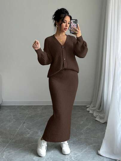 Elenzga 2st Set: Casual Solid Color Cardigan & Kjol, Höst/Vinter