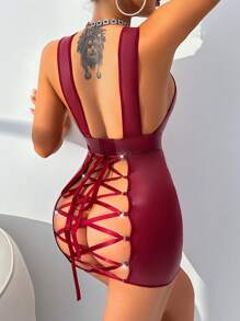 SHEIN 女士性感露背交叉PU皮革紧身连衣裙，黑色，适合外出穿着 - 酒紅色 - 查看 2