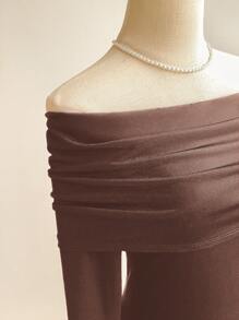 SHEIN Privé 女士黑色露肩不对称袖针织上衣 - 棕色 - 查看 5