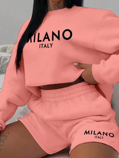 Slaydiva 2pcs MILANO Slogan Print Loose Fit Round Neck Long Sleeve Sweatshirt Suit For Women, Suitable For Spring And Autumn And Winter