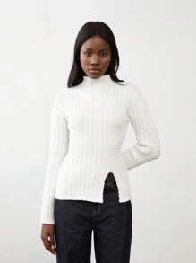 Flirla 1pc Women Stand Collar Textured Split Hem Fitted Long Sleeve Knit Sweater, Casual Autumn/Winter