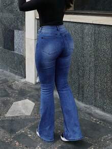 Women's Distressed Elastic Skinny Flare Jeans - Medium Wash - View 2