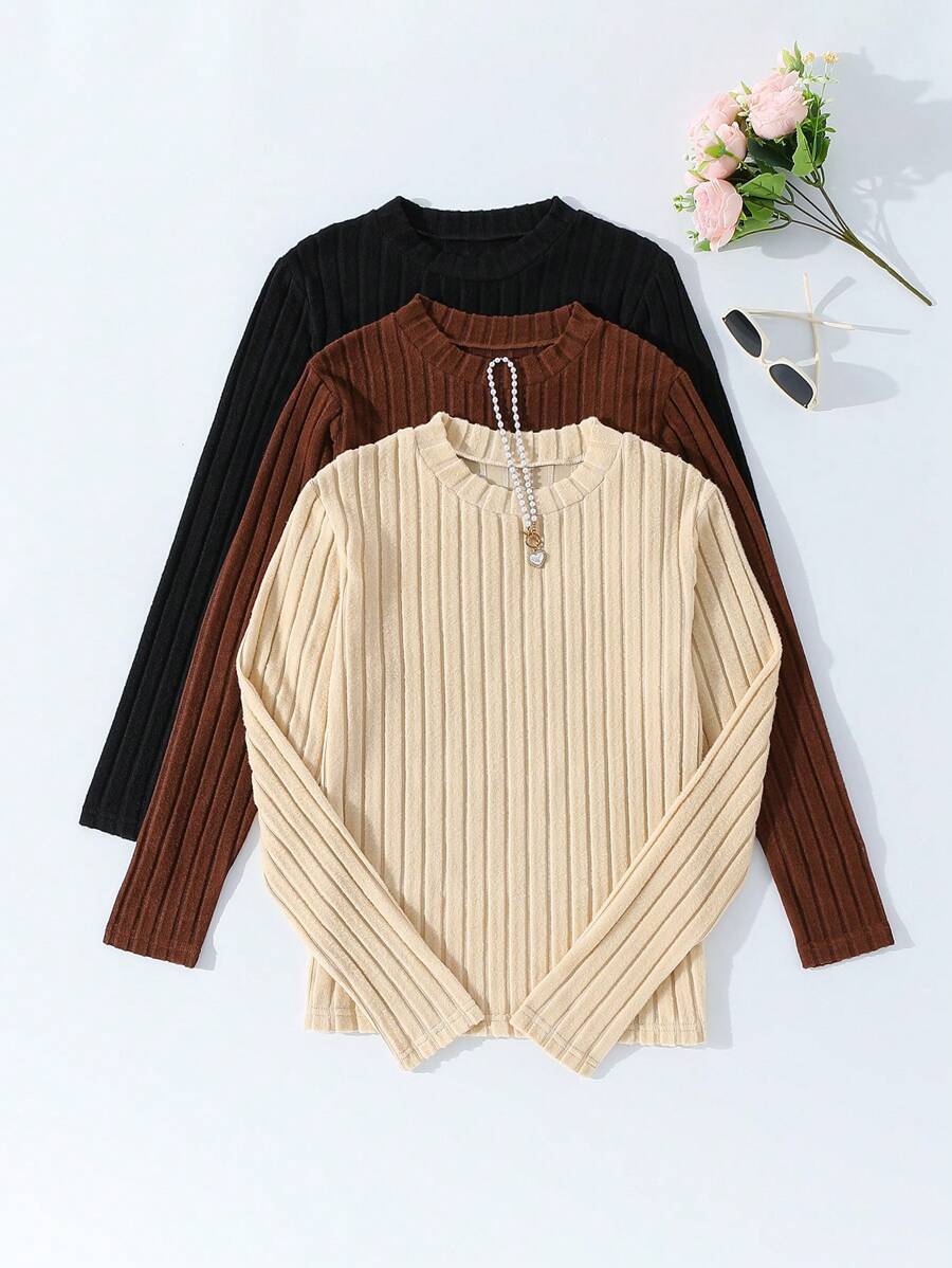 Bộ 3 Áo thun tay dài cổ tròn sọc chải cho bé gái tuổi teen - Nhiều màu - Xem 1